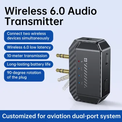 GT36 Wireless 6.0 Audio Transmitter 1-to-2 Dual Output Laptop & Airplane Adapter In-Flight Headphone Converter for Travel