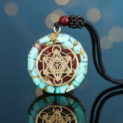 Metatron Cube Merkaba Orgonite Energy Lotus Jewelry Yoga Stone Resin Casting Drip Gum Turquoise Garnet Reiki Pendant Necklace