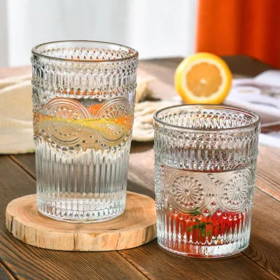 Simple Elegant Popular Stock 300ml 380ml Empty Cylinder Special Emboss Sunflower Relief Glass Vintage BPA Free Beverage Milk Tea