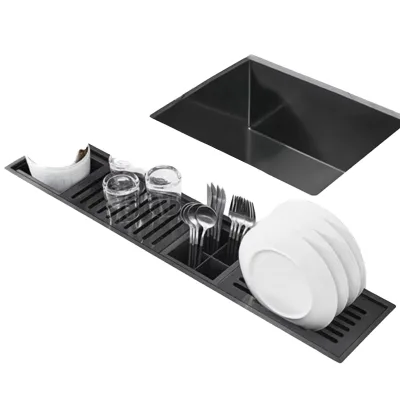 High Quality Single Bowl Kitchen Sink Handmade Brushed Stainless Steel Dish Rack Built-In Storage Drying Rack One Hole Modern
