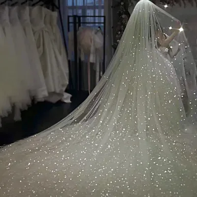 Fancy Ivory Bride Luxury Glitter Bridal Veils One Layer Long Trail Ivory Shinning Bling Shimmer Bridal Wedding Veils