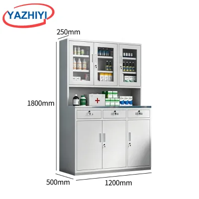 YAZHIYI Vertical Wide Pharmacy Work Cabinet Thin Depth Three Glass Top Doors Lockable Triple Lower Cabinet Medical Workstation