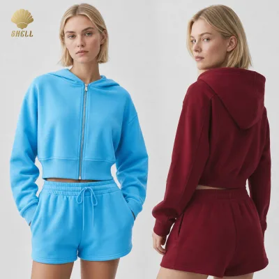 Women's 365GSM Cotton Blend Full Zip Hoodie Soft Loopback French Terry Regular Fit Rib Cuffs Cropped OEM Custom