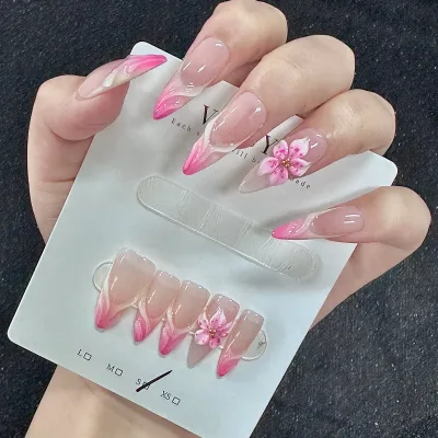 Soft Girl Sheer Pink Flower Removable Press on Nails, Source Factory Support Custom Daily Commute & Date Press on Nails