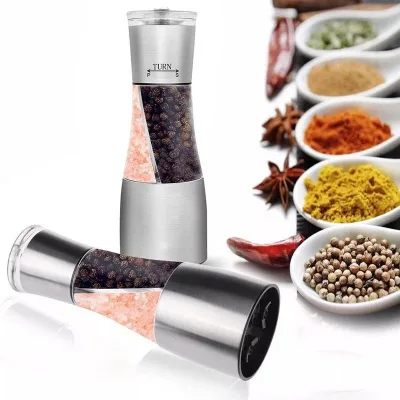 Custom Adjustable Manual 2 in 1 Pepper Mill Bottle Mini Dual Herb Spice Mill Shaker Set Stainless Steel Salt and Pepper Grinder