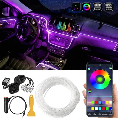 Car Interior LED Lighting Strip Plastic IP68 Side Glow Optic Fibers 8M Source Kit Car Ambient Light APP Remote Control