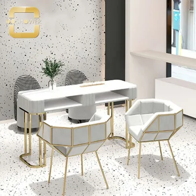 European Style Marble Nail Table with Professional Double Manicure Table for Grey Pedicure Marbling Texture Salon Nail Desk