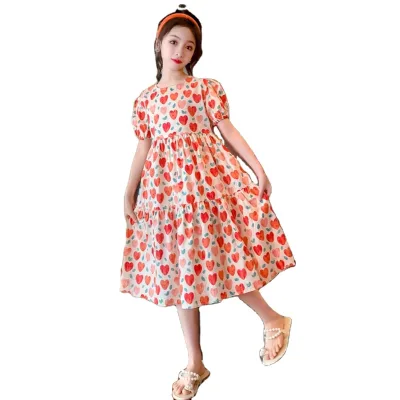 A-Line Summer New Style Little Girl love Skirt Baby Princess Skirt Stylish Cotton Skirt Thin Lantern Sleeve Knee-Length O-Neck