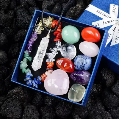 Wholesale Natural7 Chakra Healing Crystal Gift Set Rose Quartz Heart Pendant Bracelet Reiki Meditation Stone Kit