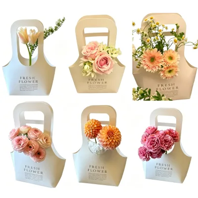Portable Foldable Flower Basket Kraft Paper Bag Rectangular Florist Packaging Customizable Recycled Materials Home Decoration