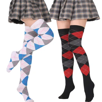 Japanese Sexy School Girl Stocking Women Cotton Argyl Pattern Over Knee Socks