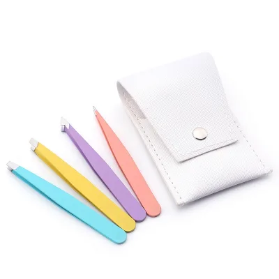 New Private Label 4 Pcs Stainless Steel Eyebrows Tweezers Kit pink Blue Tweezers Set for Eyebrow