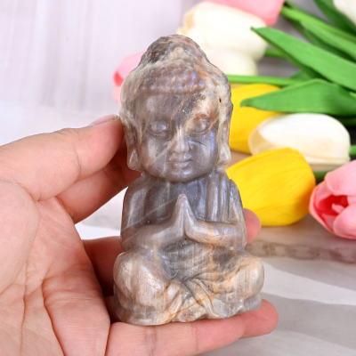 Wholesale Natural Healing Baby Buddha Carvings Blue Flash Moonstone Crystal Buddha for Feng Shui