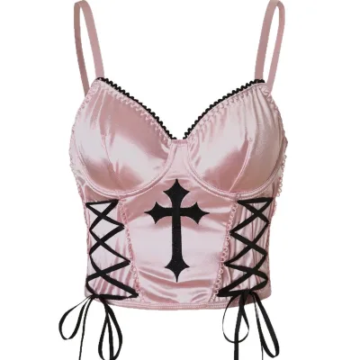 Woman Corset Sexy Straps Vest Backless Shirt Pink Style Paired With Black Cross Elements Gothic Female Vintage Bralette Top