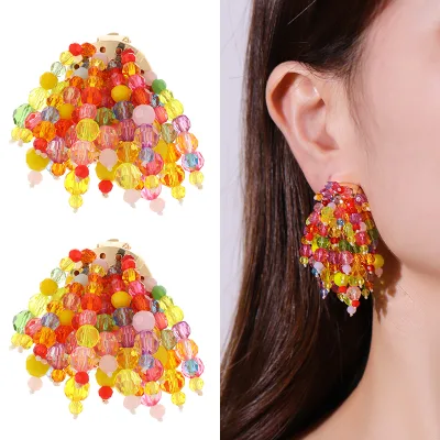 2022 Women Boho Holiday Style Clip on Earrings Non Pierced Colorful Crystal Earrings Glass Beads Tassel Ear Clips