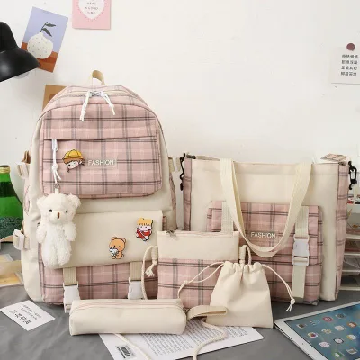 Large Capacity Campus Backpack 5-piece Set Girls Large Capacity Student Plaid Style Backpack Schoolbag