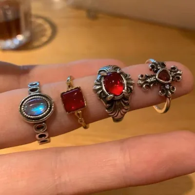 4PCS Vintage Antique Ring Set Wholesale Adjustable Open Eye Cross Red Stone Silver Adjustable Open Ring