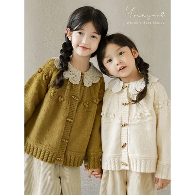2023 Winter Children Girls Retro Cable Selvedge Sweater Winter Children's Sweet and Cute Loose Off-Shoulder Warm Top