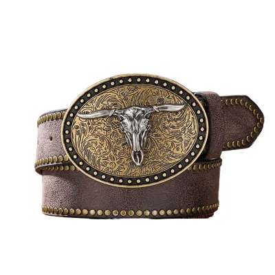 Western Cowboy Vintage Belt 3.8cm Wide-PU Leather Alloy Plate Buckle 120cm Length Men's Rustic Style Studded Accessory