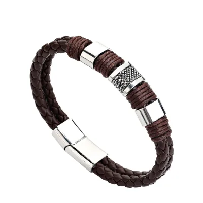High Quality Vintage Men's Leather Alloy Magnet Buckle Bracelet Men's Fashion Versatile Bracelet Men's Gift Pulseira Masculina