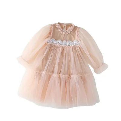 Girls Spring Children Lace Splicing Style Princess Baby Birthday Dress Over-the-knee Long Dress for Girls Toddler Party Dresses