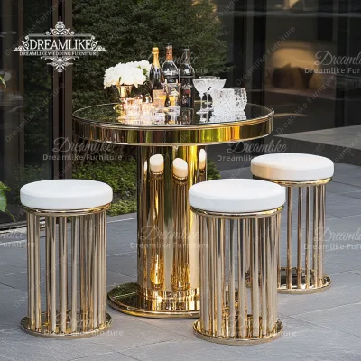 High Quality Hotel Wedding Stainless Steel Mirror Glass Cocktail bar Round White Leather Luxury Metal Height Bar Stools