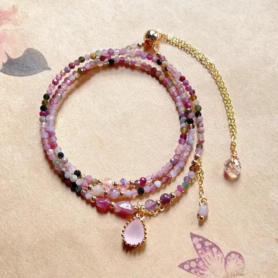 Watermelon Tourmaline Beaded Bracelet Necklace  Three-Strand Wholesale Women Jewelry