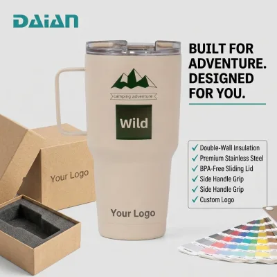 Wholesale Custom Logo Camping Tumbler with Side Handle Double-Wall Insulated BPA Free Sliding Lid OEM