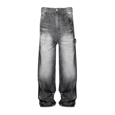 Mens Gray Baggy Jeans Wide Leg Denim Pants Acid Wash Carpenter Utility Ripped Whisker Streetwear Custom