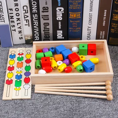 Wooden Lacing Bead Set Toy Color Shape Sorting Stringing Beads Blocks Montessori Fine Motor Skill Educational Toy for Toddlers