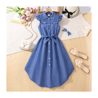 European and American Girls' Summer Clothes Similar to Cowboy Flying Sleeve Shirt Dress