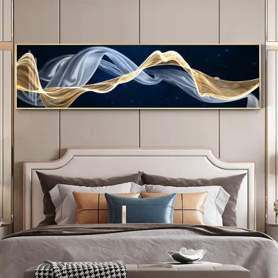 Nordic Dark Blue Gold Wavy Ribbon Abstract Canvas Wall Art Long Horizontal Framed Frame Minimalist Elegant Bed Head Wall Hanging