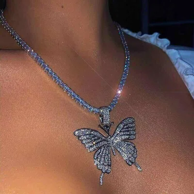 Fine Jewelry Rose Gold Micro Pave Pink CZ Women Men Diamond Cuban Link Chain Tennis Butterfly Necklace