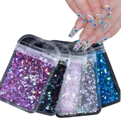 Customized 3mm Plastic Butterfly Shiny Nail Art Sequins 3D DIY Colorful Glitter Flake Manicure Accessories Laser Cut Nail Charms