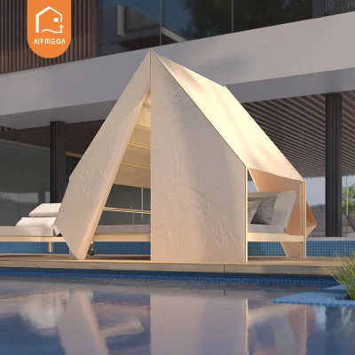Colorful Tent Shape Outdoor Sunbed Patio Daybed 90.5\" Length with Cushions Brown Sun Lounger Modern Aluminum Hotels Appearance