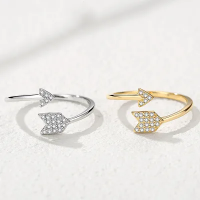 INS Creative Cupitor's Arrow 925 Sterling Silver Open Ring S925 Silver Gold With Zircon Resizable Ring For Women