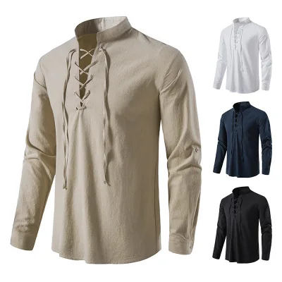 Men's V-neck lace up long sleeved Henley shirt