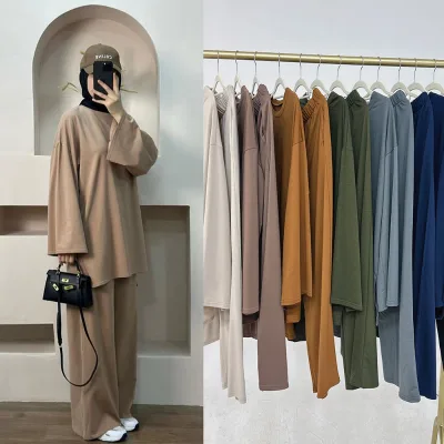 New Arrival Islamic Clothing Modest 2 Piece Abaya Set Fall Winter Warm Cotton Polyester Loose Top and Pants Set With Pockets