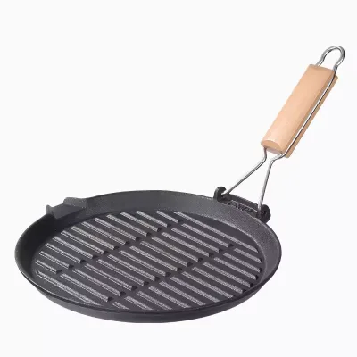 Round Cast Iron BBQ Steak Grill Pan Non-Stick Collapsible Light Portable Round Cast Iron Grill Household Pan With Wooden Handle