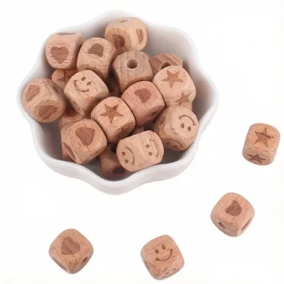 Custom DIY 12mm Wooden Laser Pattern Beech Square Cube Wooden Beads Square Beech Wood Beads DIY Pacifier Chain for Baby Teething