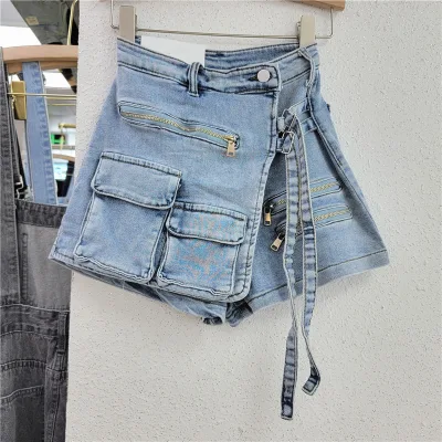 Denim Skirt Pants Irregular Cargo Pocket Denim Shorts Women Sexy High Waist Shorts Skirts Summer Female Bottoms Streetwear