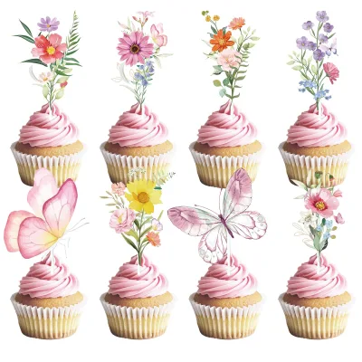 Reusable Wildflower Birthday Party Cupcake Toppers 40 Pieces Butterfly Flower Baby Shower Birthday Decorations for Girls