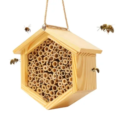 Wooden Honey Bee House with Decor Handmade Wall Mount for Garden Outdoor Use to Boost Productivity