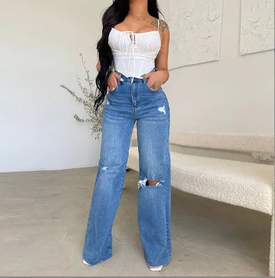 Women's High Waist Jeans Loose Straight-Leg Denim Trousers Wide-Leg Pants Ripped Hole Jeans