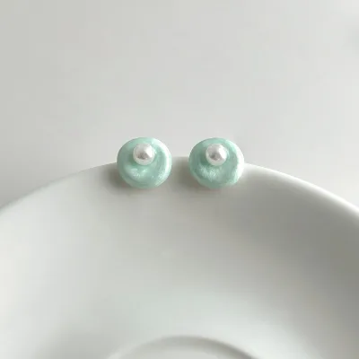 Vintage Trendy Copper Stud Earring Mint Green Enamel Circle Women Fashion Jewelry