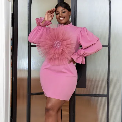 Full Flare Sleeve Mini Sequined Ruffle Flower Pink Women Prom Dresses