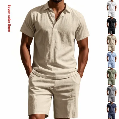 American-style Summer Men's Tracksuit Loose Casual Linen Breathable Polo Shirt Short Beach Sleeve Shorts Set