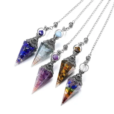 Vintage Antique Silver Crystal Amethyst Semi-precious Natural Rainbow Crushed Stone Hexagonal Pyramid Pendant Pendulum Necklace