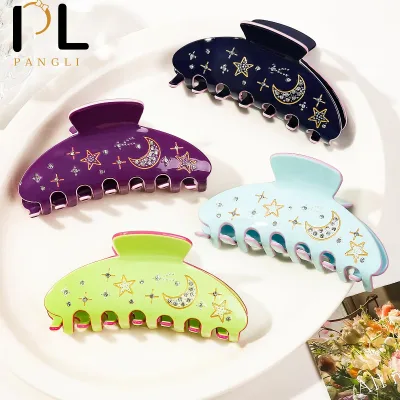 PL New Arrival Women Acetate Rhinestone Hair Claw 10 cm Large Hair Claws Stars Moon Hair Claw