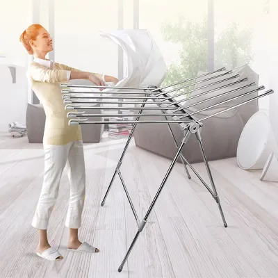 Stainless Steel Floor Folding Multifunctional Clothes Rack Mobile Wing-shaped Rack for Living Room & Bathroom